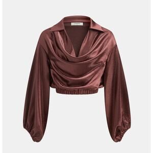 Commense Satin Cowl Neck Cropped Cinched Blouse Burgundy Size M